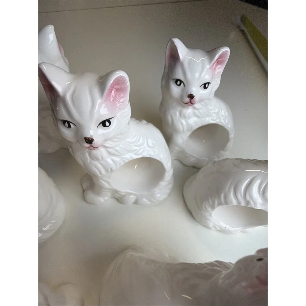 Abbott Kitten/Cat/Kitty Napkin Rings Set Of 7 Vintage 80's Porcelain, Ceramic